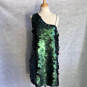 Anthropologie Emerald Sequin One-Shoulder mini dress